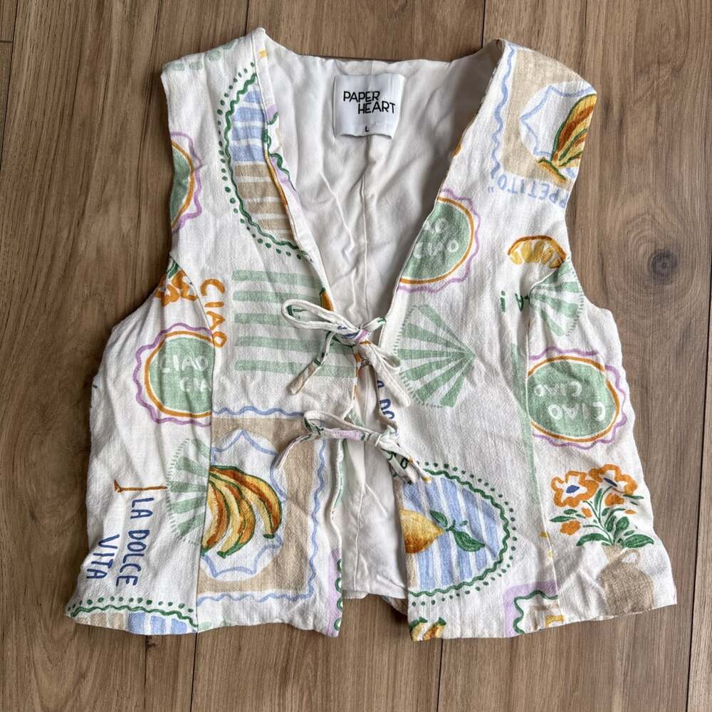 Paper Heart Linen Vest Multicolor Tie Summer Beach Haze Size Large La Dolce Vita